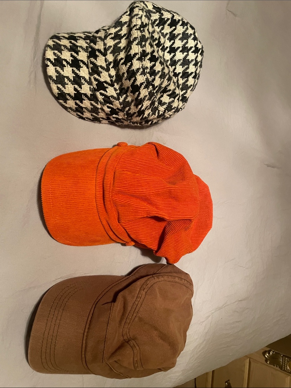 Three Casual Caps — Black & White Houndstooth, Orange Corduroy, Brown Canvas